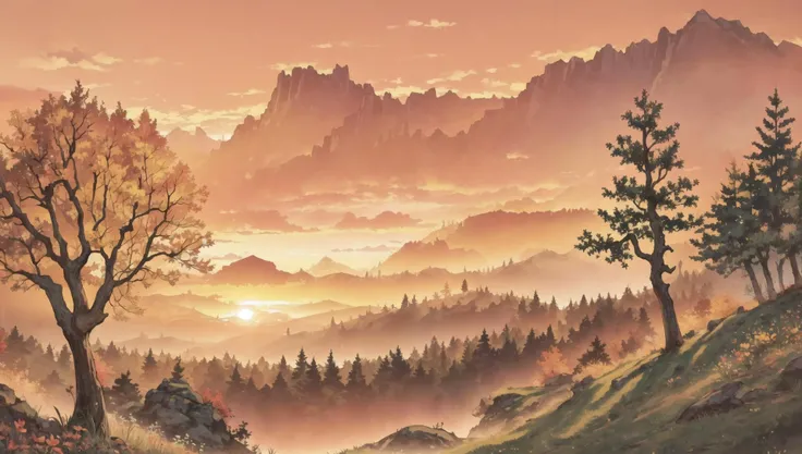((masterpiece:1.4,best quality)), cloud, outdoors, forest, (mountains), autumn glade, scenery, sky,
(sunset:1.4), sunbeam, high detail, abundant, 8k, green,tree, high detail, wallpaper,
<lora:PAseer的板绘与留白V1:0.8>