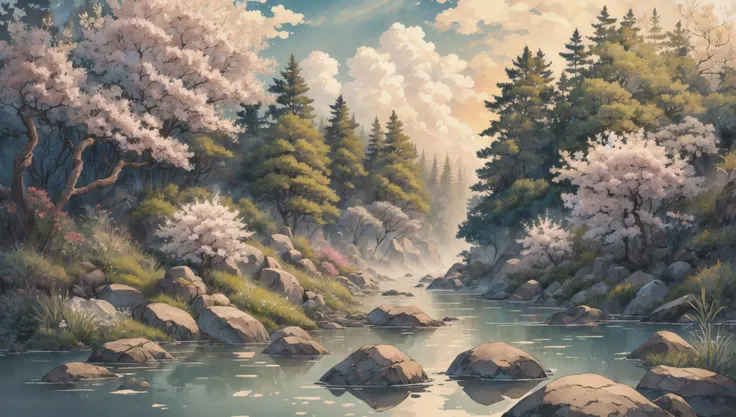((masterpiece:1.4,best quality)), cloud, outdoors, forest, spring glade, scenery, sky,
sunbeam, high detail, abundant, 8k, green,tree, high detail, wallpaper,
<lora:ink-0.1-3-b28-bf16-D128-A1-1-ep64-768-DAdaptation-cosine:0.8>, water, ink