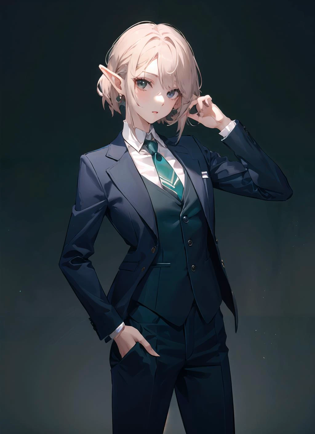 <lora:womansuit-1-000006:1>,(masterpiece, high quality) woman, formal green business suit, shirt, pants, solo , looking at viewer, perfect face, elf
