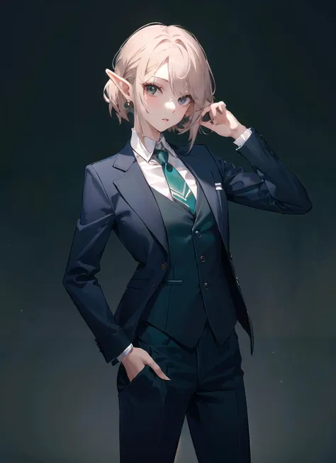 <lora:womansuit-1-000006:1>,(masterpiece, high quality) woman, formal green business suit, shirt,  pants, solo , looking at viewer, perfect face, elf