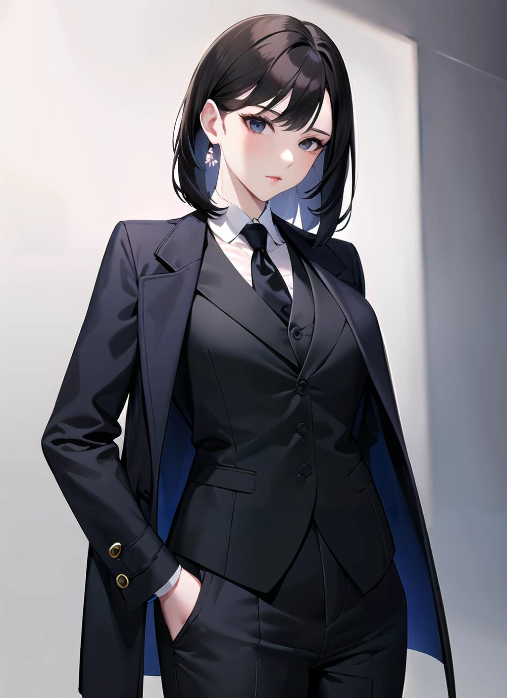 <lora:womansuit-1-000006:1>,(masterpiece, high quality) woman, formal black business suit, shirt, coat, pants, solo , looking at viewer,serious,