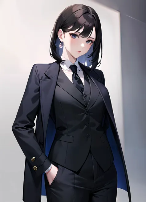 <lora:womansuit-1-000006:1>,(masterpiece, high quality) woman, formal black business suit, shirt, coat,  pants, solo , looking at viewer,serious,