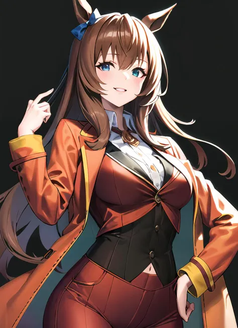 <lora:womansuit-1-000006:1>,(masterpiece, high quality) woman, formal red business suit, shirt, coat,  pants, lace, solo , looking at viewer,smile,  <lora:maruzensky_lora:0.7> maruzensky \\(umamusume\\)