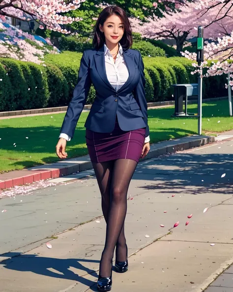 (full body:1.4), image of one mature lady, 46 YO, (solo focus:1.4), (look at the viewer:1.2), two_side_up hair,
(plum business suit, skirt:1.4),
(huge breast:1.34), (thin waist), (thin pelvic), (pantyhose), (thick thighs:1.3), highheels,
(walking pose:1.4),
(An old couple sits on a green park bench, their hands entwined, with cherry blossoms falling around them like snow, capturing a lifetime of love in a single frame),
(high quality, best quality, detailed:1.4)  <lyco:WomanBusinessSuit_v10:0.6>