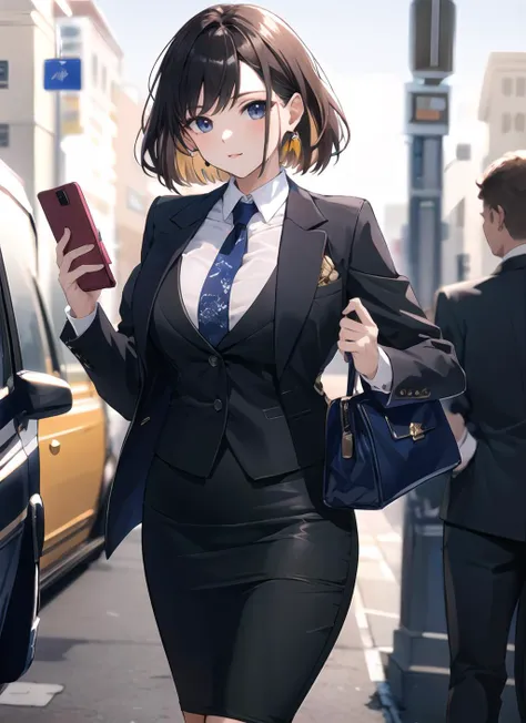 <lora:womansuit-1-000006:1>,(masterpiece, high quality) woman, business suit, pencil skirt , lace, solo , looking at viewer, handbag, open clothes,