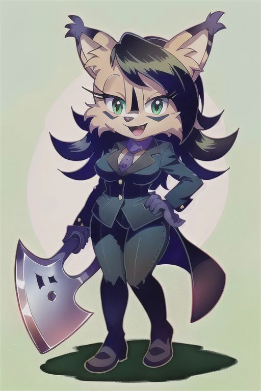 nicolethelynx, (best quality, masterpiece:1), sonic style body type, furry female anthro,  <lora:womansuit-1-000006:1>, wearing black business suit, business jacket, black slacks, black pants, standing, looking at viewer, open mouth, smile, holding war axe in right haind, (<lora:nicolethelynx-v1-locon:1>