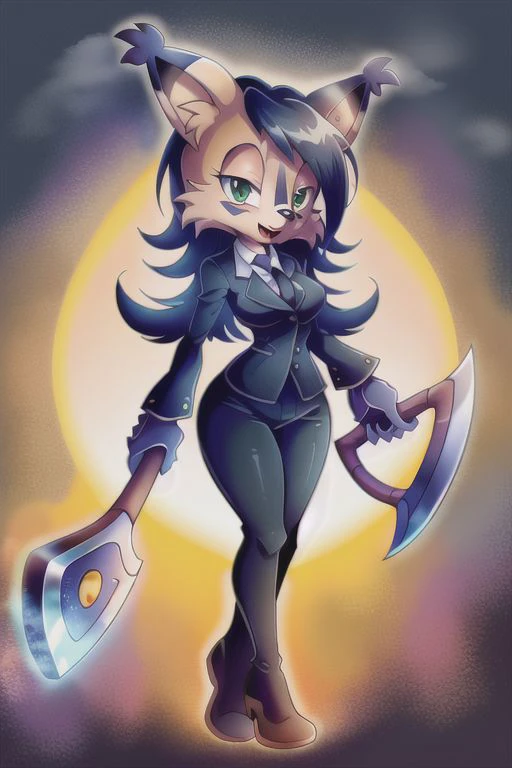 nicolethelynx, (best quality, masterpiece:1), sonic style body type, furry female anthro, <lora:womansuit-1-000006:1>, wearing black business suit, business jacket, black slacks, black pants, standing, looking at viewer, open mouth, smile, holding war axe in right haind, (<lora:nicolethelynx-v1-locon:1>