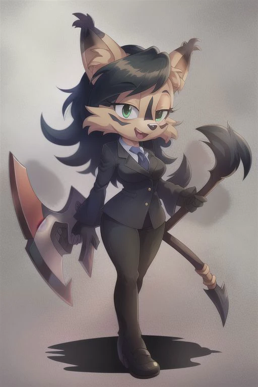 nicolethelynx, (best quality, masterpiece:1), sonic style body type, furry female anthro, <lora:womansuit-1-000006:1>, wearing black business suit, business jacket, black slacks, black pants, standing, looking at viewer, open mouth, smile, holding war axe in right haind, (<lora:nicolethelynx-v1-locon:1>