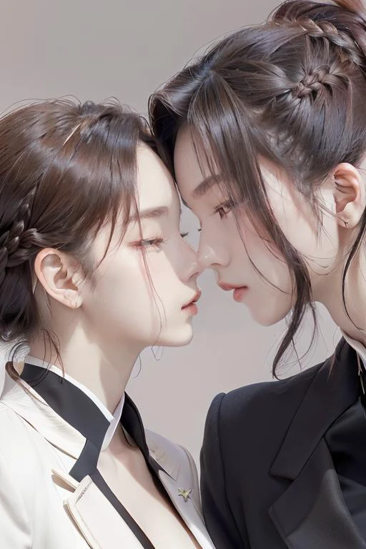 (close-up of faces of 2 girls, yuri:1.2), intimate mood, standing, grey background, random POV, broad forehead, long neck, (cheek), (pale skin, large breasts), brown hair, french braid ponytail, (RAW photo, highest quality, absurdres, SIGMA 80mm F1.4), professional lighting, <lora:OC:0.15> <lora:exposure_control_v10:0.3> <lora:liuli3-000005_0.5_EXCEPTFACE+liuli2_0.3:0.4> iridescence <lora:womansuit-1:1> business suit,