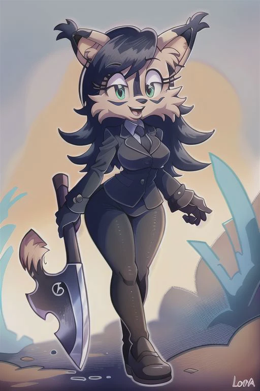 nicolethelynx, (best quality, masterpiece:1), sonic style body type, furry female anthro, <lora:womansuit-1-000006:1>, wearing black business suit, business jacket, black slacks, black pants, standing, looking at viewer, open mouth, smile, holding war axe in right haind, (<lora:nicolethelynx-v1-locon:1>
