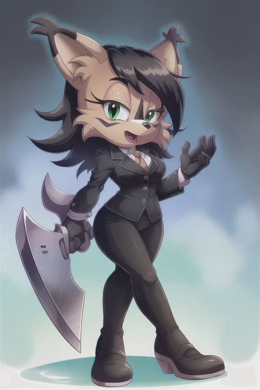 nicolethelynx, (best quality, masterpiece:1), sonic style body type, furry female anthro, <lora:womansuit-1-000006:1>, wearing black business suit, business jacket, black slacks, black pants, standing, looking at viewer, open mouth, smile, holding war axe in right haind, (<lora:nicolethelynx-v1-locon:1>