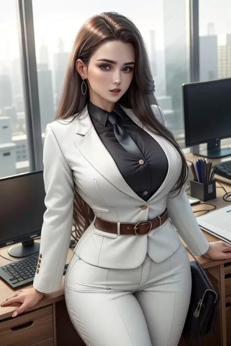 In the office at work, the girl sits at the desk, there are some people in the office, (high resolution, distinct_image), masterpiece, high detail, semi-realistic, brown long hair girl, brown hair, long hair, big blue eyes, perfecteyes eyes, perfect face, 25 years old, sexy mature girl, tall, white business suit, vest, skirt_suit, black belt silver belt buckle, size difference, teardrop breasts, nipple outline, wide hips, dashing, natural, handsome, exquisite facial features, facial details, background skyscrapers visible through big windows