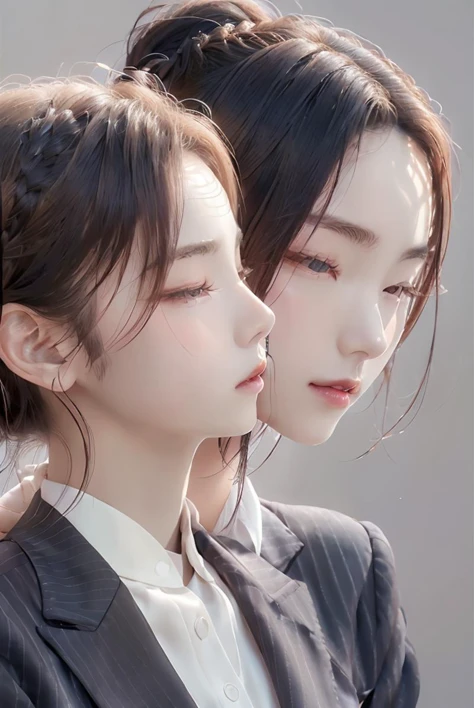(close-up of faces of 2 girls, yuri:1.2), intimate mood, standing, grey background, random POV, broad forehead, long neck, (cheek), (pale skin, large breasts), brown hair, french braid ponytail, (RAW photo, highest quality, absurdres, SIGMA 80mm F1.4), professional lighting, <lora:OC:0.15> <lora:exposure_control_v10:0.3> <lora:liuli3-000005_0.5_EXCEPTFACE+liuli2_0.3:0.4> iridescence <lora:womansuit-1:1> business suit,