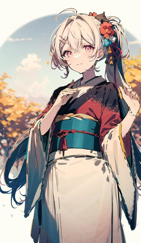 (super delicate), (illustration), (extremely delicate and beautiful),faux traditional media,perfect body,cowboy shot,(perspective),Kyoto Style,(sketch),(close-up),(a beautiful detailed girl in Washitsu:1.47),Washitsu,(solo:1.4),(HDbackground,Japanese courtyard:1.25),(Creek:0.55),wooden bridge,(cinematic lighting,beautiful detailed glow:1.0),(beautiful detailed pink eyes),ponytail,shiny platinum blonde hair,messy floating hair,((black capelet)),red kimono,hair flower,hair ornament,hair over shoulder,japanese clothes,lace-trimmed kimono,pom pom hair ornament,tassel,wavy hair,glint,blue sky,(autumn:1.1),outdoors,(glowing particles:0.85),Maples in the distance,an epic scene,(Stone lantern,Bonsai:1.0),(White sand:0.85),(Rockery:0.8),(Japanese architecture:1.1),(contour deepening:1.1),(fluttered fallen leaves),(dappled sunlight on her:1.25),(Tyndall effect:1.1),(Cloud Retained background:1.1),(depth of field),highlight