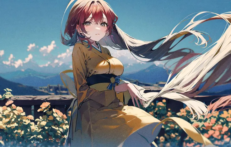 masterpiece, best quality,1girl,standing,,white long hair,white eyes,breast press,big breasts,blue sky and clouds,town,sakura,kimono,halo,detailed scenery,Landscape painting,solo,blurry,depth_of_field