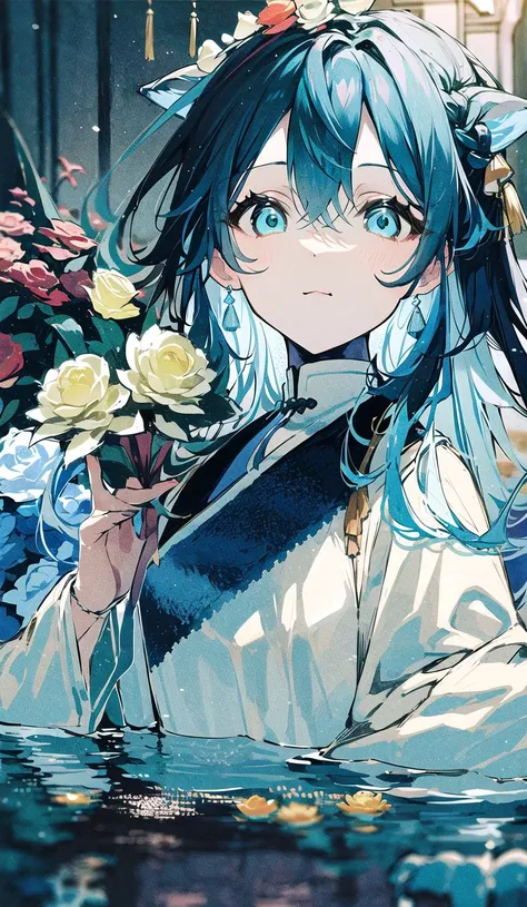 (illustration:1.8),(best quality),(masterpiece:1.5),masterpiece,png,(extremely detailed CG unity 8k wallpaper), (colorful),warm,Chinese style,(ink splashing),(color splashing),((watercolor)),(1 Chinese girl:1.8),solo, depth of field,dramatic angle,(Silver detailed cyan_ribbon and white flowers in the girl's long black_hair:1.25), (detailed black_hair:1.35), ,((gold_black Taoist robes:1.35)),(braid), (detailed beautiful face:1.3),detailed symmetrical_Blue_eyes,,
(Ancient palace background far away:1.55),A slight light, (pink flower:1.2),chiaroscuro, ((lotus) in beautiful detailed flowing_clouds_sea:1.3), Rayleigh scattering,(feather headdress:1.15)