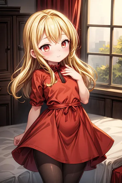 (masterpiece, best quality), 1girl, blonde hair, red dress, pantyhose, cute face, blush,