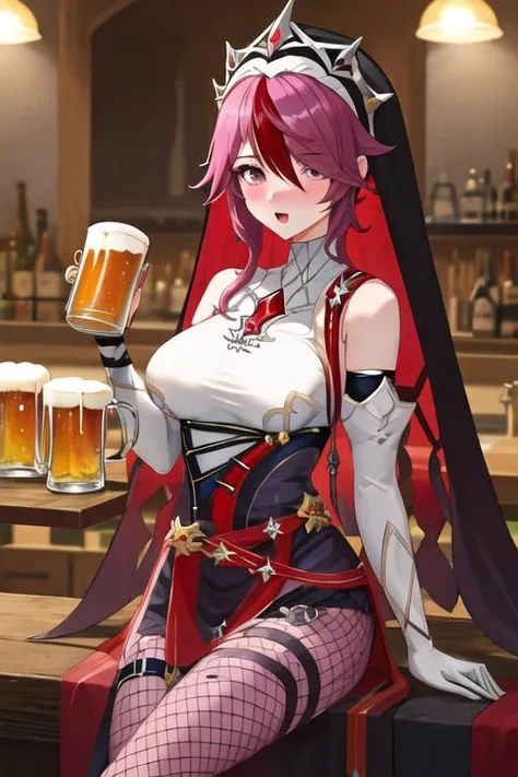 best quality, masterpiece, highres, solo, {rosaria_genshin:1.15}, purple_hair, red_hair, short_hair, nun, breasts, large_breasts, bangs, veil, purple_eyes, habit, multicolored_hair, streaked_hair, hair_between_eyes, fishnets, hair_over_one_eye, 1girl, alcohol, bare_shoulders, beer, beer_mug, blush, cup, drunk, holding, holding_cup, looking_at_viewer, mug, open_mouth