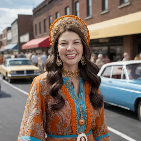 Melba, a smiling brunette Caucasian 22 year-old in 1969, is dressed in 1960S Paisley Hippie Costume For Women .
She has a Bouffant Hairstyle . 
The location is Street drag race .
Taken from 10 meters away.
Extremely detailed high quality photo, realistic skin, sharp focus, realistic texture, 8k resolution
volumetric lighting, <lora:add-detail-xl:1.0>