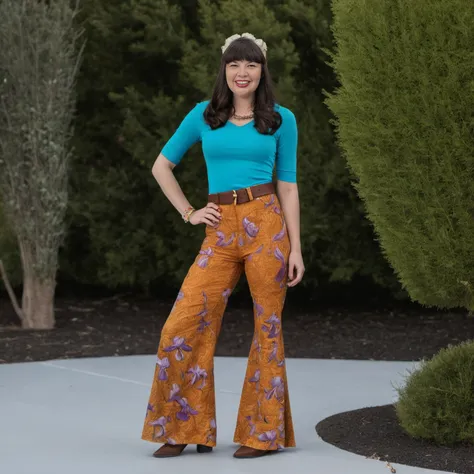 Melba, a smiling brunette Caucasian 22 year-old in 1969, is dressed in Retro Vintage 1960S Hippie 1970S Disco Dude Funk Bell Bottom Pants .
She has a Chin Length Bowl with bow Headband and Bangs .
The location is Butler Bros. Nationwide .
Taken from 10 meters away.
Extremely detailed high quality photo, realistic skin, sharp focus, realistic texture, 8k resolution
volumetric lighting, <lora:add-detail-xl:1.0>