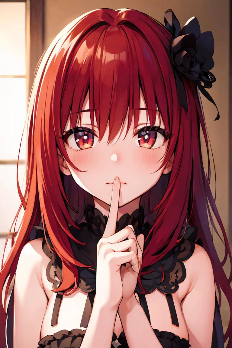 (masterpiece, best quality),1girl, beautiful face, <lora:Concept_Shushing:1> shushing, red hair,