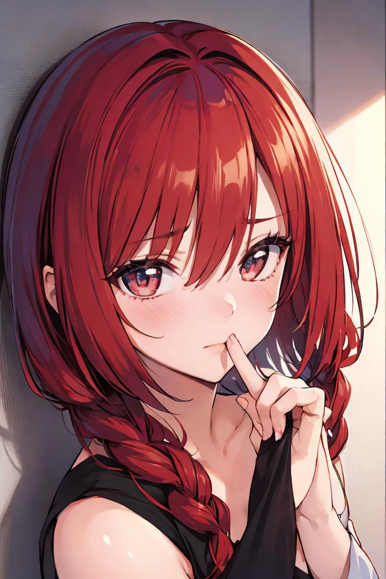 (masterpiece, best quality),1girl, beautiful face, <lora:Concept_Shushing:1> shushing, red hair,