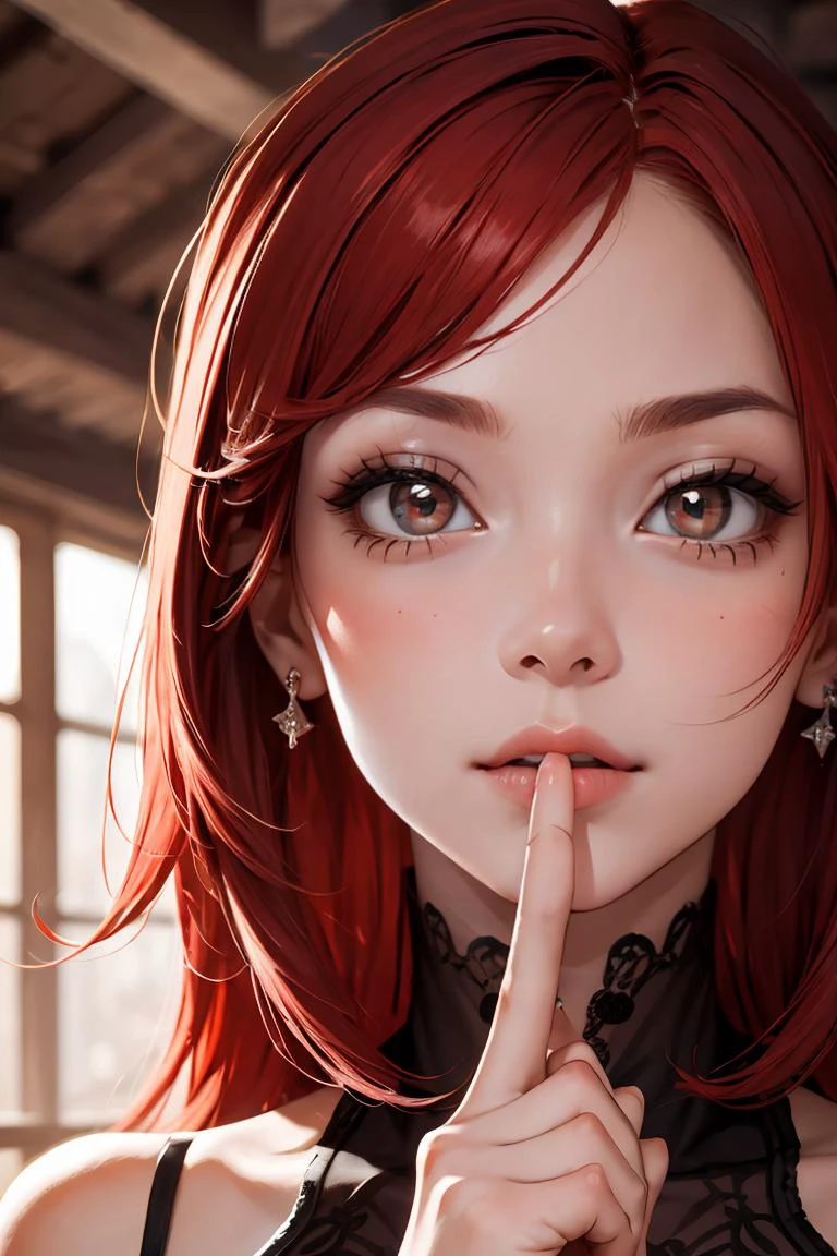 (masterpiece, best quality),1girl, beautiful face, <lora:Concept_Shushing:1> shushing, red hair,