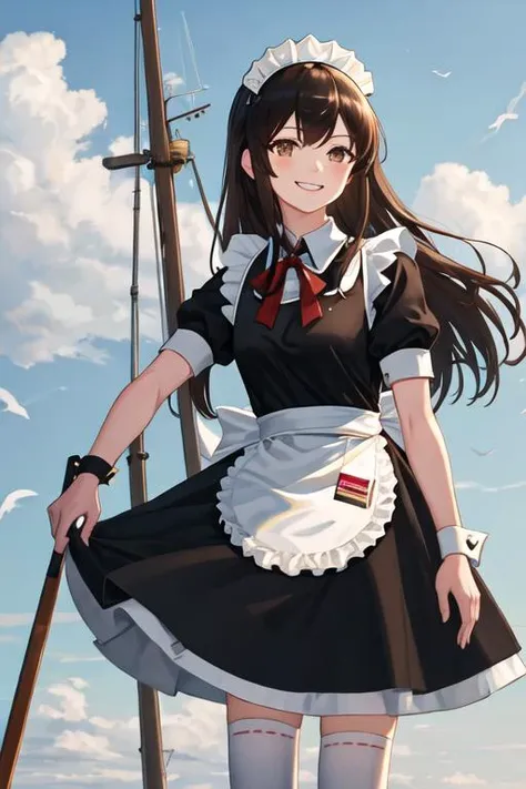 best quality, masterpiece, highres, solo, {maid:1.40}, {long maid dress:1.15}, {akagi_kantaicollection:1.15}, long_hair, brown_hair, brown_eyes, muneate, tasuki, smile