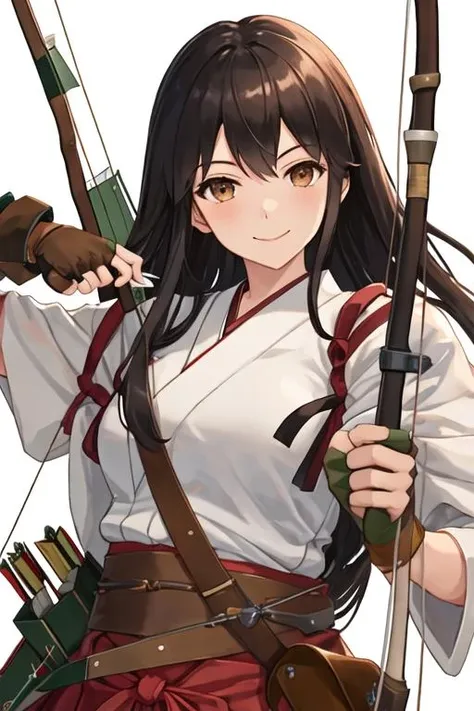 best quality, masterpiece, highres, solo, {akagi_kantaicollection:1.15}, long_hair, brown_hair, brown_eyes, muneate, tasuki, smile, 1girl, arrow_\(projectile\), bow_\(weapon\), gloves, japanese_clothes, partially_fingerless_gloves, yugake, archery, single_glove, weapon