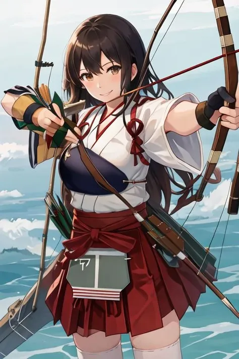 best quality, masterpiece, highres, solo, {akagi_kantaicollection:1.15}, long_hair, brown_hair, brown_eyes, muneate, tasuki, smile, 1girl, archery, arrow_\(projectile\), bow_\(weapon\), gloves, hakama, hakama_skirt, holding, holding_bow_\(weapon\), holding_weapon, japanese_clothes, partially_fingerless_gloves, single_glove, skirt, weapon, yugake, aiming, drawing_bow, hakama_short_skirt, holding_arrow, upper_body, outstretched_arm, quiver