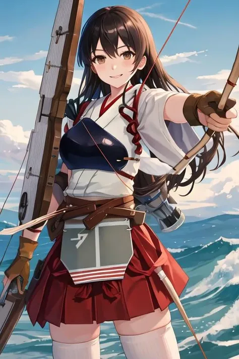 best quality, masterpiece, highres, solo, {akagi_kantaicollection:1.15}, long_hair, brown_hair, brown_eyes, muneate, tasuki, smile, 1girl, aiming, archery, arrow_\(projectile\), bow_\(weapon\), drawing_bow, gloves, holding, holding_arrow, holding_bow_\(weapon\), holding_weapon, japanese_clothes, kyuudou, partially_fingerless_gloves, weapon, yugake, single_glove, outstretched_arm