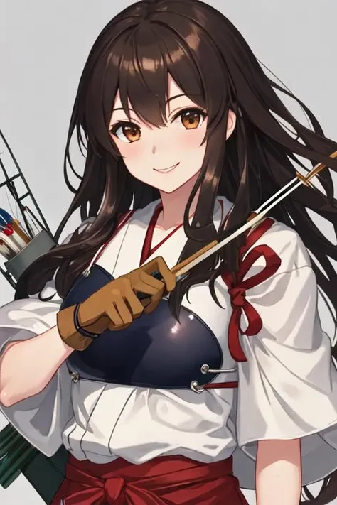 best quality, masterpiece, highres, solo, {akagi_kantaicollection:1.15}, long_hair, brown_hair, brown_eyes, muneate, tasuki, smile
