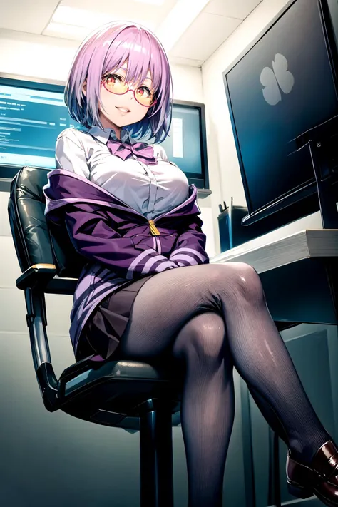 (8K、top-quality、masterpiece:1.2)、(realisitic、ultra-detailliert、超A high resolution,beautifull detailed face,perfect body,perfect lighting,constriction,beautiful detailed skin,skin texture,(((portrait))),(1giri,very short hair:1.5,purple hair,red eyes,glasses,),(school uniform,purple bow tie,collared shirt,off shoulder,purple,jacket,partialy unzipped,long sleeves,sleeves past wrists,pleats skirt,black skirt,pantyhose,clothes around weist,black loafers),lying on long desks,on her back:1.0,in classroom,(panty,pink),smile:1.0,cleavage,angle from below,selfie