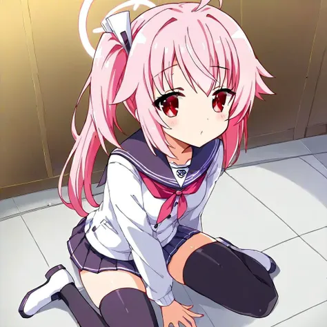 (Best quality:1.2),1girl,solo,ahoge,pink hair,small breast,short pleated skirt,red eyes,sailor outfit,black thighhighs,side ponytail,petite body,halo,hair tie,white shoes,at school yard,(yutori natsu)