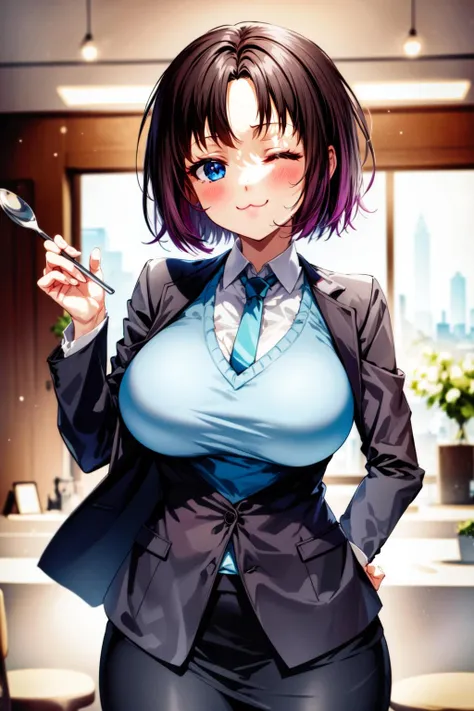 (best quality:1.2), 1girl, (masterpiece:1.2), raytracing, cute face, perfect face, ultra detailed,detailed face, 8k wallpaper, wide hips, <lora:more_details:0.5>, ElmaDragonMaid_NDV, 1girl, multicolored hair, black hair, large breasts, short hair, (single horn:1.2), blue eyes, (jacket, shirt, tie:1.2), skirt, bussines suit, <lora:ElmaDragonMaid_NDV:0.7>, indoor, cafe, eating, cake, hand to cheek, closed eyes, smile, (:3:1.4)