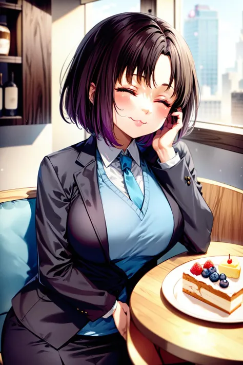 (best quality:1.2), 1girl, (masterpiece:1.2), raytracing, cute face, perfect face, ultra detailed,detailed face, 8k wallpaper, wide hips, <lora:more_details:0.5>, ElmaDragonMaid_NDV, 1girl, multicolored hair, black hair, large breasts, short hair, (single horn:1.2), blue eyes, (jacket, shirt, tie:1.2), skirt, bussines suit, <lora:ElmaDragonMaid_NDV:0.7>, indoor, cafe, eating, cake, hand to cheek, closed eyes, smile, (:3:1.4)