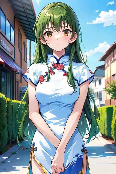 solo, 1girl, (highres, 8k:1.15), [detailed face : beautiful face : 0.65],
 <lora:ever17_sora_lora_ver2:0.95:lbw=MIDD_OUT0.5>akanegasaki_sora, brown eyes, green hair,  very long hair, 3/4_shot, cowboy_shot, medium skirt , chinese dress,, masterpiece, perfect anatomy, (perfect hand:0.6)