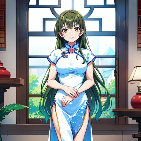 solo, 1girl, (highres, 8k:1.15), [detailed face : beautiful face : 0.65],
 <lora:ever17_sora_lora_ver2:0.95:lbw=MIDD_OUT0.5>akanegasaki_sora, brown eyes, green hair,  very long hair, 3/4_shot, cowboy_shot, medium skirt , chinese dress,( smile:0.6), (kneel down:1.2), masterpiece, perfect anatomy, (perfect hand:0.6)