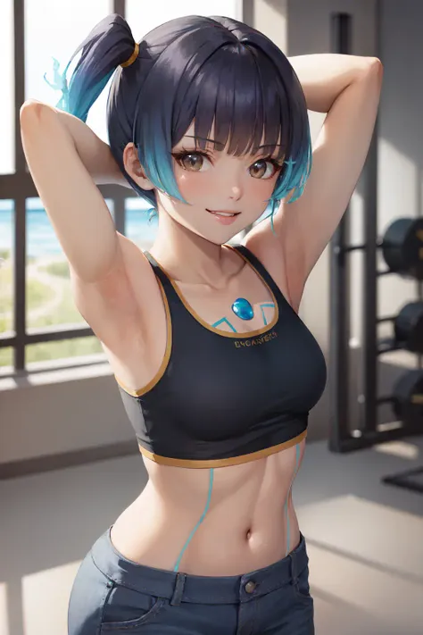 (masterpiece, best quality:1.2), <lora:xenoblade_sena-10:0.8>, cowboy shot, solo, 1girl, sena \(xenoblade\), smile, looking at viewer, arms behind head, sports bra, gym shorts