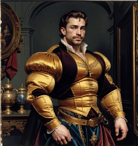 artwork by (Peter Paul Rubens), masterpiece painting, Flemish Baroque, 1600s, posing, male, wearing a velvet jerkin and embroidered doublet, clean lines, intricate details, insane details, low contrast, bold natural colors, <lora:Mr.O_Derek:0.7> mrod3r3k