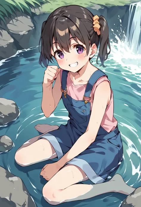 score_9, score_8_up, score_7_up, best quality, masterpiece, source_anime BREAK
1girl, kuraue hinata, solo, smile, black hair, purple eyes, twintails, barefoot, overalls, water, grin, pink shirt, scrunchie, blush, hair ornament, partially submerged, rock, hair scrunchie, hair between eyes, sitting, wet, suspenders, arm support, short hair, yellow scrunchie, splashing, short sleeves, outdoors, orange scrunchie, overall shorts, wet clothes, looking at viewer, eyebrows visible through hair, collarbone, river, clenched hand, t-shirt, teeth, stream, day, full body, hand up, from above, footprints, ripples, on side, overall skirt, short twintails, long hair, sleeveless <lora:kuraue_hinata_sdxl_locon_pony_v1:0.7>