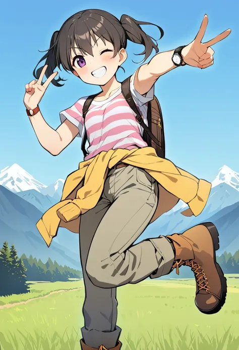 1girl, kuraue hinata, 1girl, solo, smile, twintails, one eye closed, bag, purple eyes, backpack, black hair, striped shirt, clothes around waist, grin, short sleeves, looking at viewer, full body, blush, standing, brown footwear, boots, cross-laced footwear, grey pants, v, v-shaped eyebrows, jacket around waist, hair between eyes, white shirt, wristband, eyebrows visible through hair, watch, w, brown pants, arm up, ;d, wristwatch, t-shirt, grey hair, double v, teeth, hands up, pink shirt, outstretched arm, standing on one leg, collarbone, outstretched arms, double w, yellow jacket, sweater around waist, shirt around waist, long hair, suspenders, bracelet, arms up, field, mountain, blue sky, masterpiece, best quality <lora:kuraue_hinata_sdxl_locon_ani_v1:0.7>