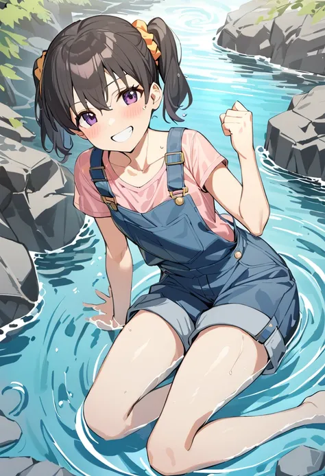 1girl, kuraue hinata, solo, smile, black hair, purple eyes, twintails, barefoot, overalls, water, grin, pink shirt, scrunchie, blush, hair ornament, partially submerged, rock, hair scrunchie, hair between eyes, sitting, wet, suspenders, arm support, short hair, yellow scrunchie, splashing, short sleeves, outdoors, orange scrunchie, overall shorts, wet clothes, looking at viewer, eyebrows visible through hair, collarbone, river, clenched hand, t-shirt, teeth, stream, day, full body, hand up, from above, footprints, ripples, on side, overall skirt, short twintails, long hair, sleeveless, masterpiece, best quality <lora:kuraue_hinata_sdxl_locon_ani_v1:0.7>