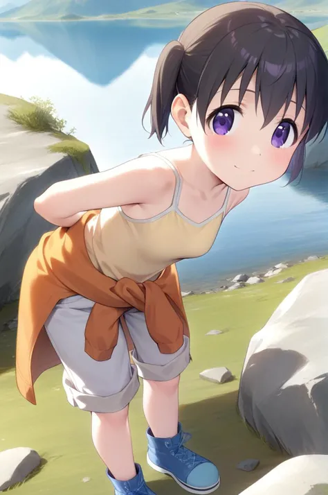 1girl,solo,ite,slender,small breasts,from above, leaning forward,close up,kuraue hinata, black hair, twintails, short twintails, purple eyes, short hair, eyebrows visible through hair, hair between eyes, orange jacket, jacket around waist, yellow loose tank top, white shorts, pants rolled up, capri pants, brown legwear, blue footwear, boots, cross-laced footwear,,outdoor,lake,mountain,rock<lora:better skin typeB-v1:0.7> <lora:XDetail_light:1.4> ,,masterpiece,best quality, very aesthetic, absurdres <lora:kuraue_hinata_sdxl_locon_ani_v1:0.7>