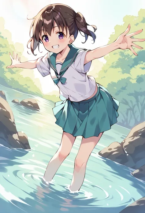 score_9, score_8_up, score_7_up, best quality, masterpiece, source_anime BREAK
1girl, kuraue hinata, solo, smile, purple eyes, school uniform, pleated skirt, serafuku, white shirt, twintails, water, looking at viewer, short sleeves, wading, grin, outstretched arms, blush, standing, eyebrows visible through hair, black hair, spread arms, green skirt, collarbone, green sailor collar, blue sailor collar, blue skirt, leaning forward, outdoors, teeth, green neckwear, neckerchief, hair between eyes, barefoot, brown hair, :d, short hair, day, lens flare, bent over, open mouth, river, aqua skirt, aqua neckwear, aqua sailor collar, shallow water, dutch angle, miniskirt, short twintails, blue neckwear, bow <lora:kuraue_hinata_sdxl_locon_pony_v1:0.7>