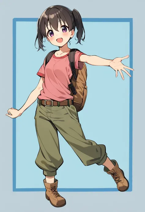 1girl, kuraue hinata, solo, twintails, bag, backpack, open mouth, black hair, smile, purple eyes, pink shirt, :d, looking at viewer, full body, short sleeves, brown footwear, eyebrows visible through hair, red shirt, blush, green pants, collarbone, belt, brown pants, t-shirt, hair between eyes, outstretched arm, white background, short twintails, short hair, blue background, outstretched arms, small breasts, grey pants, two-tone background, armpit peek, baggy pants, outside border, simple background, cross-laced footwear, masterpiece, best quality <lora:kuraue_hinata_sdxl_locon_ani_v1:0.7>