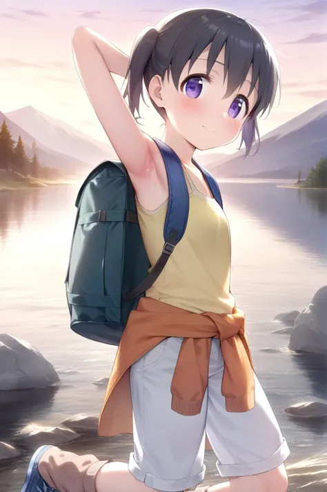 1girl,solo,(petite),slender,sunset flare,armpit,kuraue hinata, black hair, twintails, short twintails, purple eyes, short hair, eyebrows visible through hair, hair between eyes, orange jacket, jacket around waist, yellow shirt, yellow tank top, sleeveless shirt, white shorts, pants rolled up, capri pants, loose socks, brown legwear, blue footwear, boots, cross-laced footwear, backpack, duffel bag,outdoor,lake,mountain,rock<lora:better skin typeB-v1:0.7> <lora:XDetail_light:1.4> ,,masterpiece,best quality, very aesthetic, absurdres <lora:kuraue_hinata_sdxl_locon_ani_v1:0.7>