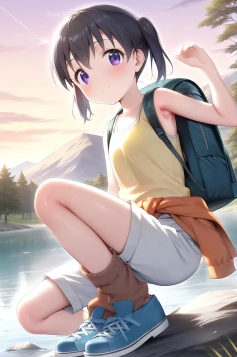 1girl,solo,(petite),slender,sunset flare,armpit,kuraue hinata, black hair, twintails, short twintails, purple eyes, short hair, eyebrows visible through hair, hair between eyes, orange jacket, jacket around waist, yellow shirt, yellow tank top, sleeveless shirt, white shorts, pants rolled up, capri pants, loose socks, brown legwear, blue footwear, boots, cross-laced footwear, backpack, duffel bag,outdoor,lake,mountain,rock<lora:better skin typeB-v1:0.7> <lora:XDetail_light:1.4> ,,masterpiece,best quality, very aesthetic, absurdres  <lora:kuraue_hinata_sdxl_locon_ani_v1:0.7>