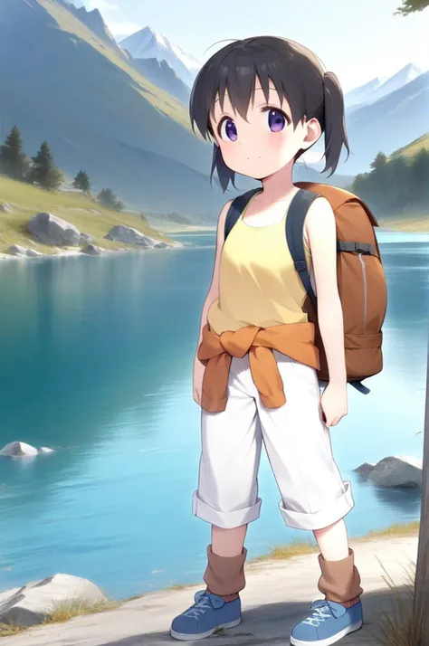 1girl,solo,(petite),slender,kuraue hinata, black hair, twintails, short twintails, purple eyes, short hair, eyebrows visible through hair, hair between eyes, orange jacket, jacket around waist, yellow shirt, yellow tank top, sleeveless shirt, white shorts, pants rolled up, capri pants, loose socks, brown legwear, blue footwear, boots, cross-laced footwear, backpack, duffel bag,outdoor,lake,mountain,rock<lora:better skin typeB-v1:0.7> <lora:XDetail_light:1.4> ,,masterpiece,best quality, very aesthetic, absurdres  <lora:kuraue_hinata_sdxl_locon_ani_v1:0.7>