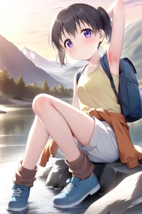 1girl,solo,(petite),slender,sunset flare,armpit,kuraue hinata, black hair, twintails, short twintails, purple eyes, short hair, eyebrows visible through hair, hair between eyes, orange jacket, jacket around waist, yellow shirt, yellow tank top, sleeveless shirt, white shorts, pants rolled up, capri pants, loose socks, brown legwear, blue footwear, boots, cross-laced footwear, backpack, duffel bag,outdoor,lake,mountain,rock<lora:better skin typeB-v1:0.7> <lora:XDetail_light:1.4> ,,masterpiece,best quality, very aesthetic, absurdres  <lora:kuraue_hinata_sdxl_locon_ani_v1:0.7>